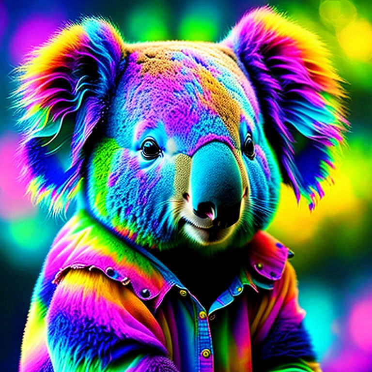 Vibrant neon rainbow koala art on colorful backdrop