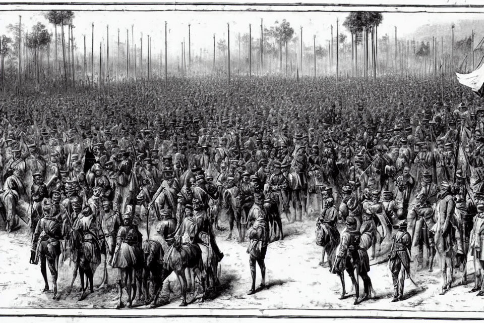 Detailed black and white illustration of Civil War soldiers on horseback in forest clearing