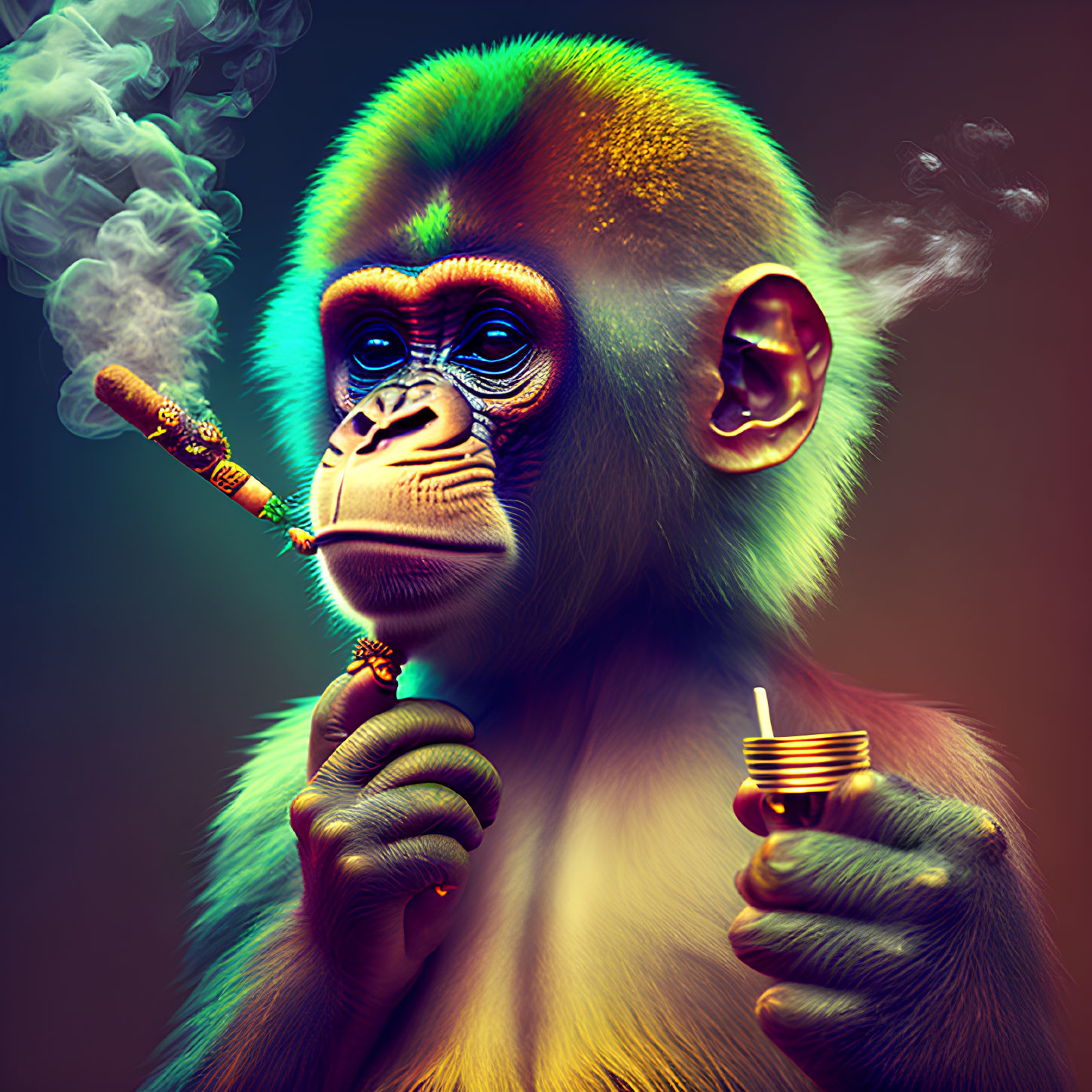 Colorful Monkey with Lit Cigar and Cup in Thoughtful Pose