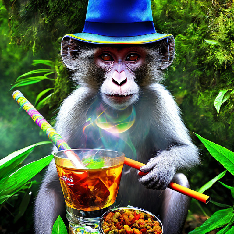 Colorful Monkey with Blue Hat, Straw, Drink, and Nuts in Foreground