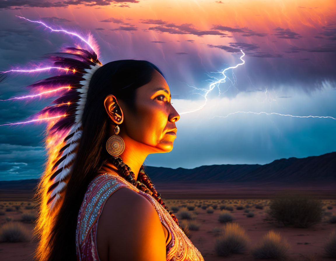 Woman in feather headdress against lightning desert backdrop.