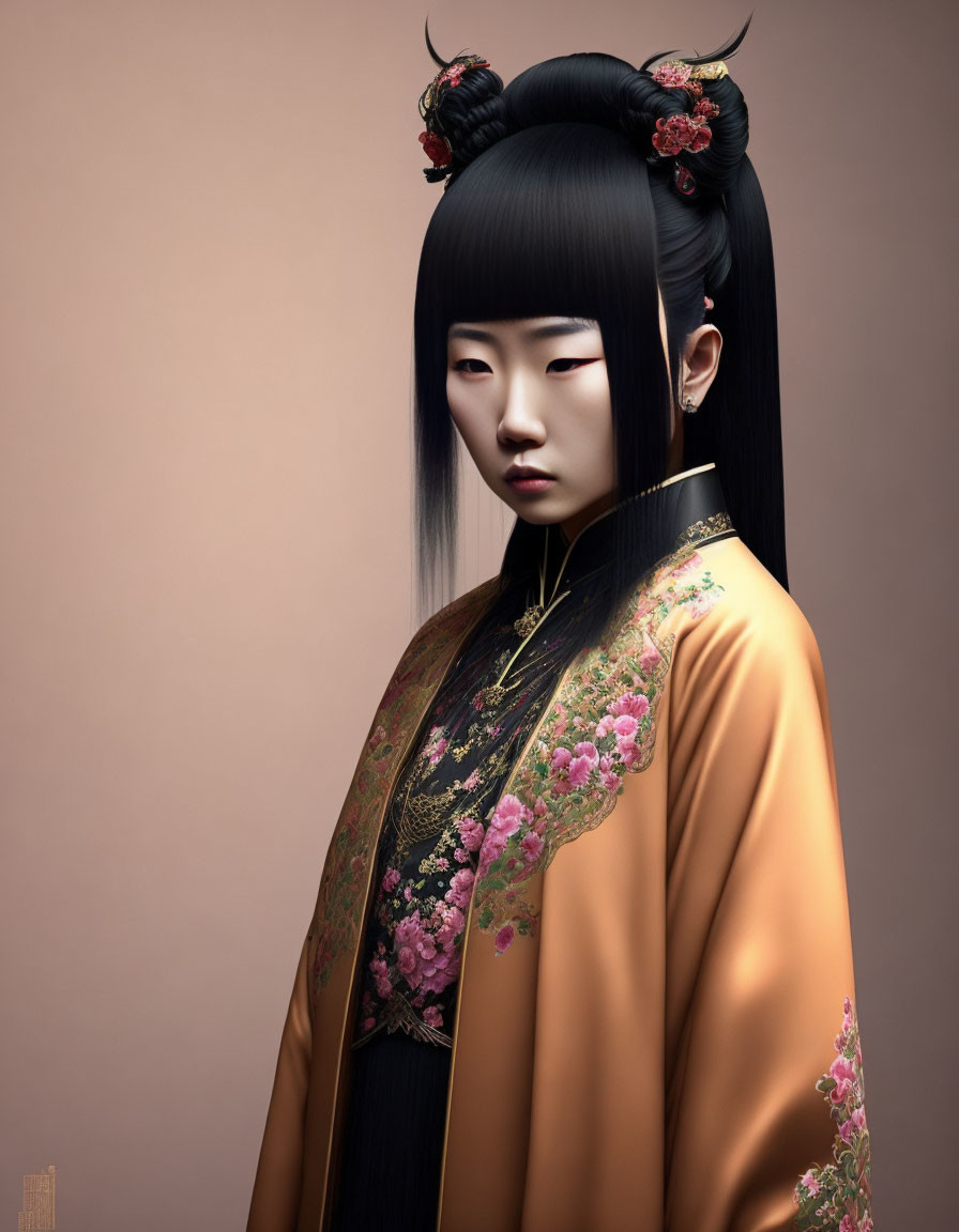 Traditional East Asian hairstyle and floral kimono on person against muted background