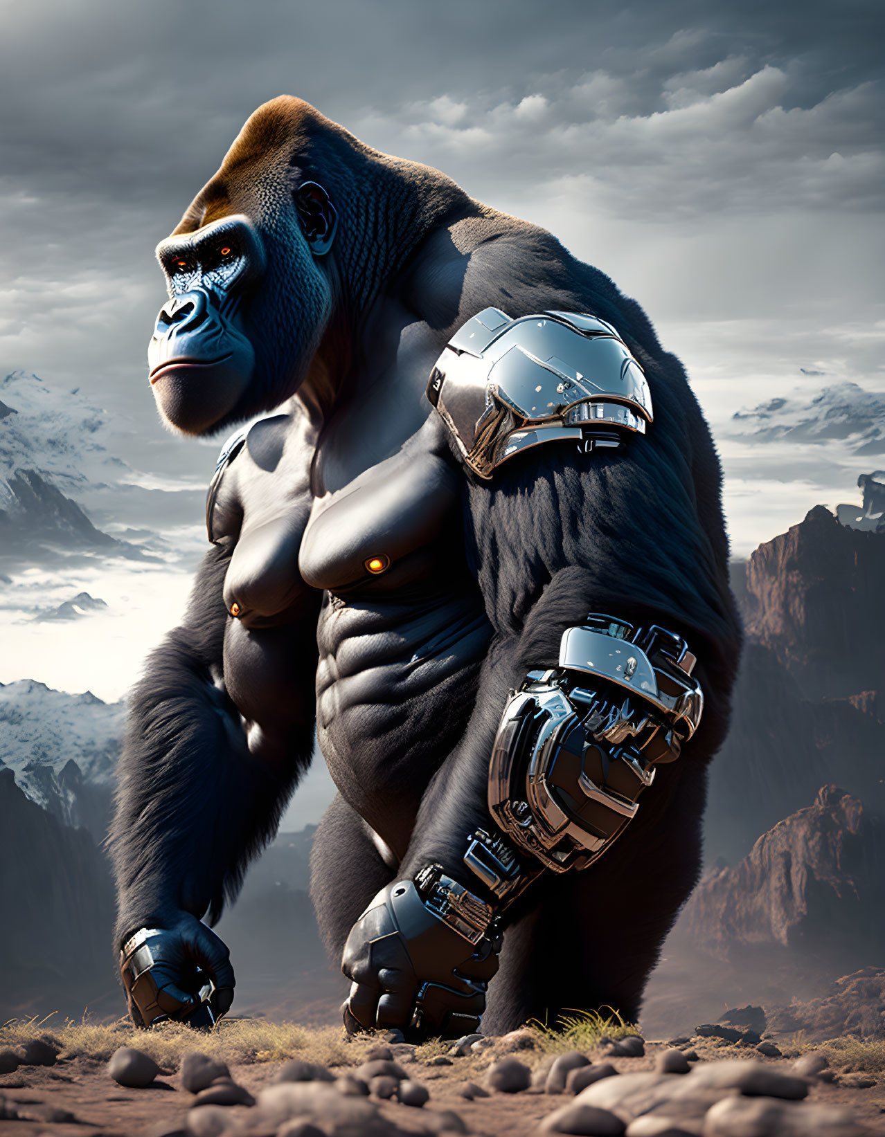 Muscular gorilla with cybernetic arm in rocky landscape.