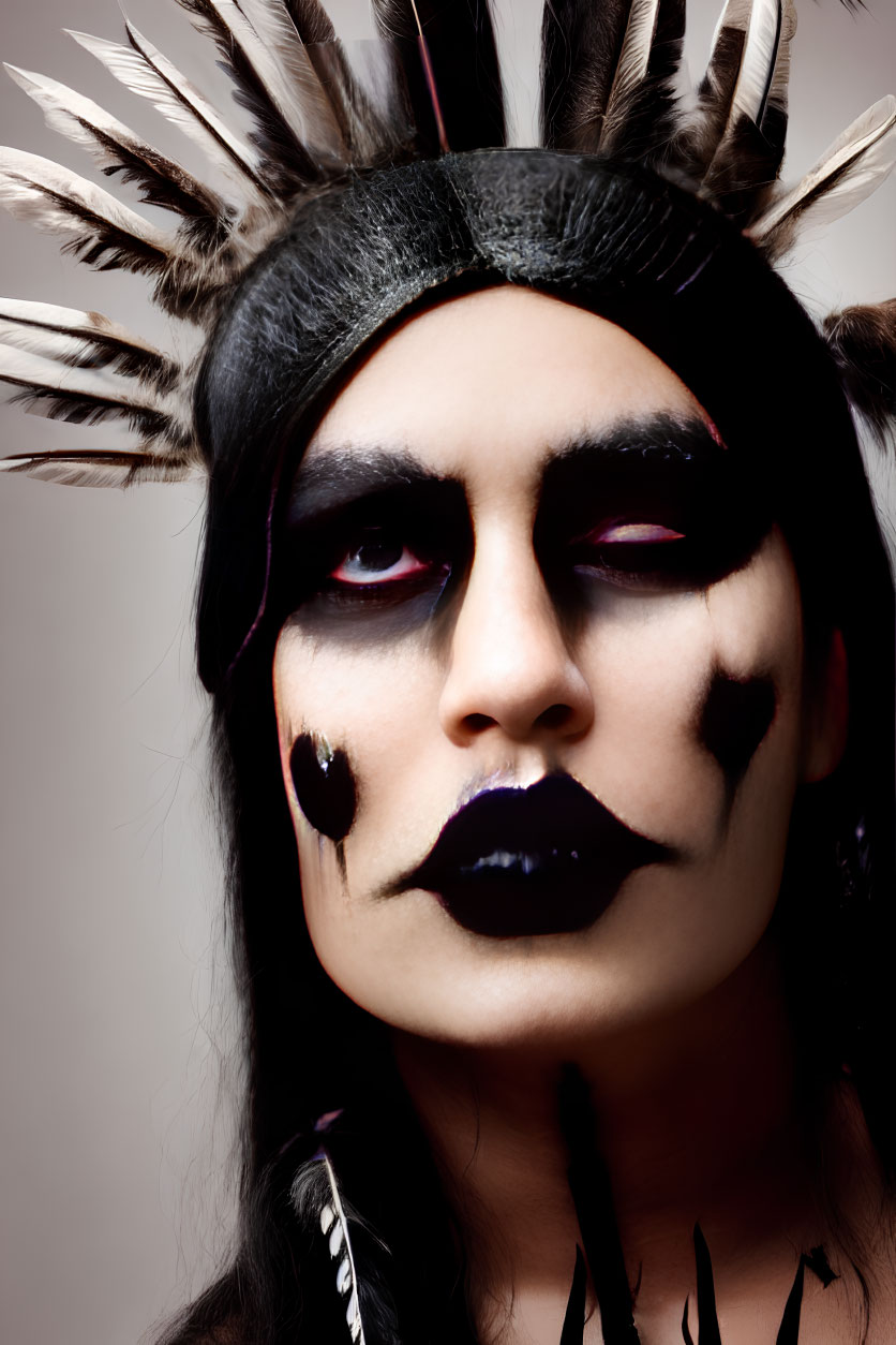 Person with black and white tribal face makeup and feathers in hair.