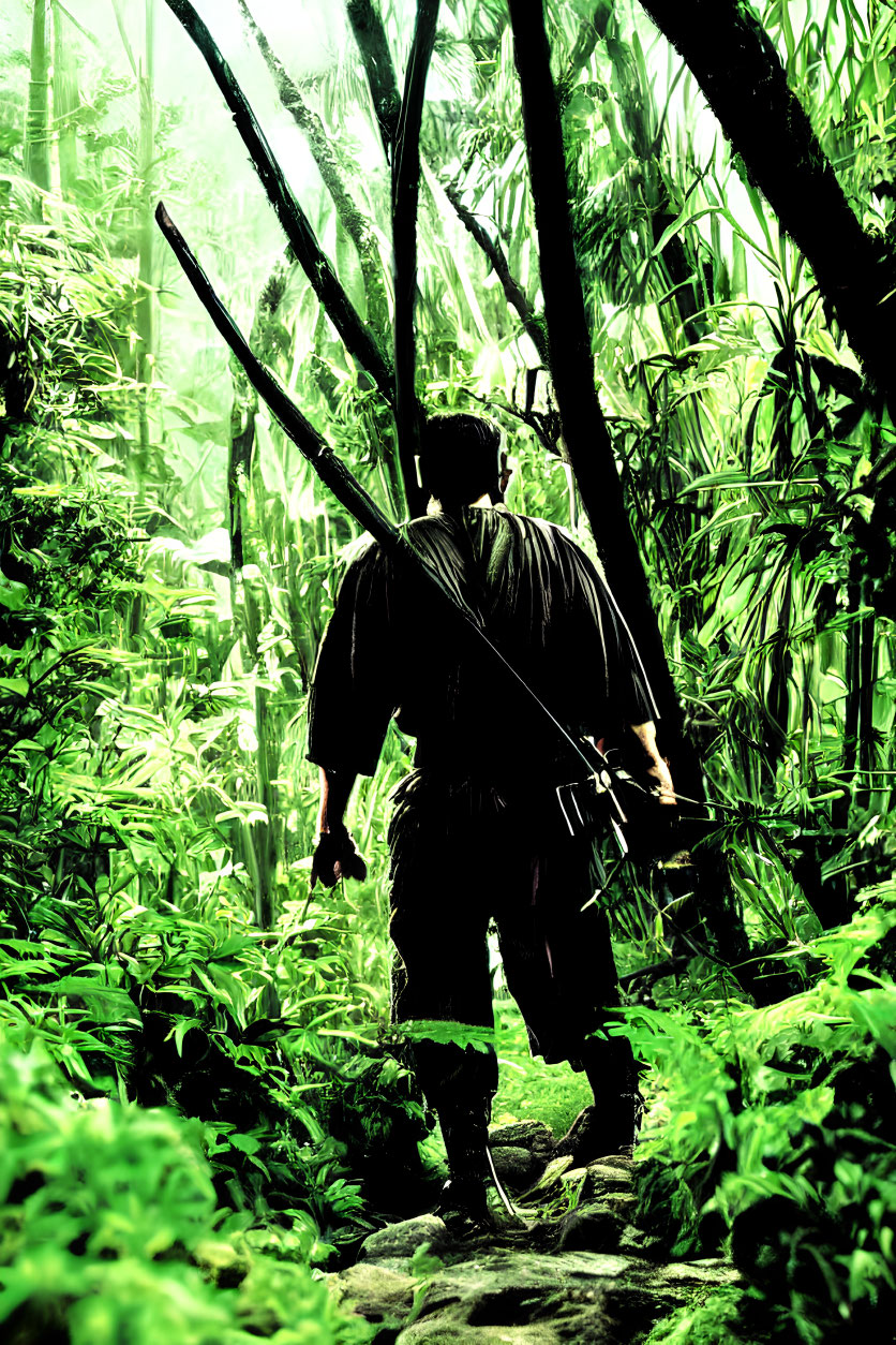 Traditional attire figure with sword in lush forest setting