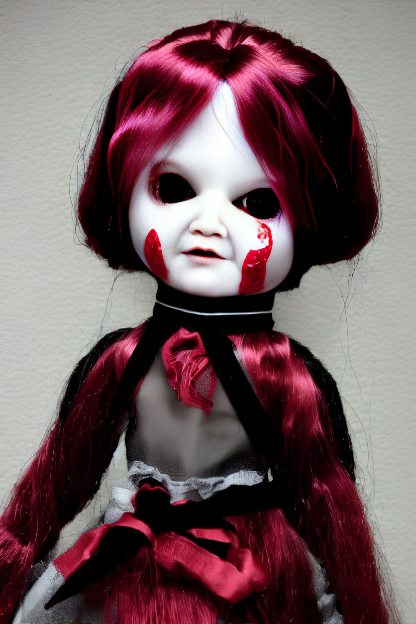 Creepy doll with pale face, red & black hair, dark eyes, blood-like stains, black