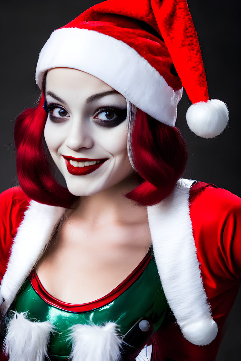 Festive woman in Santa costume with red and white hat and hair