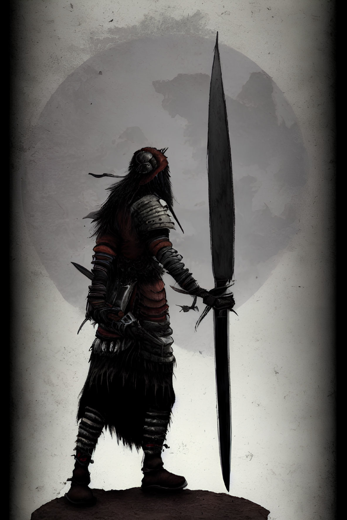 Tribal warrior in moonlight with spear symbolizing solemn contemplation