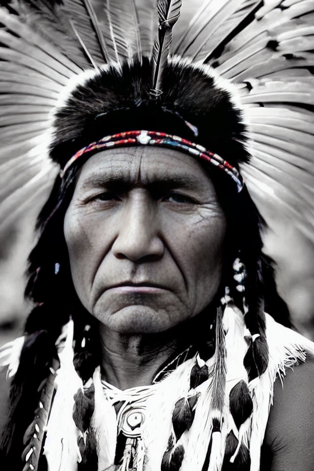 Native American man in headdress with feathers and beadwork on monochrome background