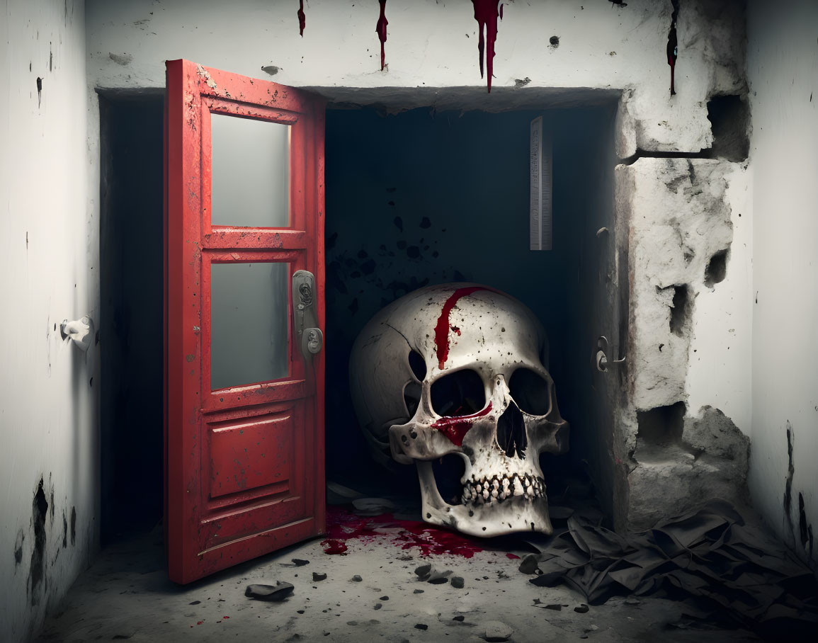 Dimly lit room with red door ajar and human skull on floor