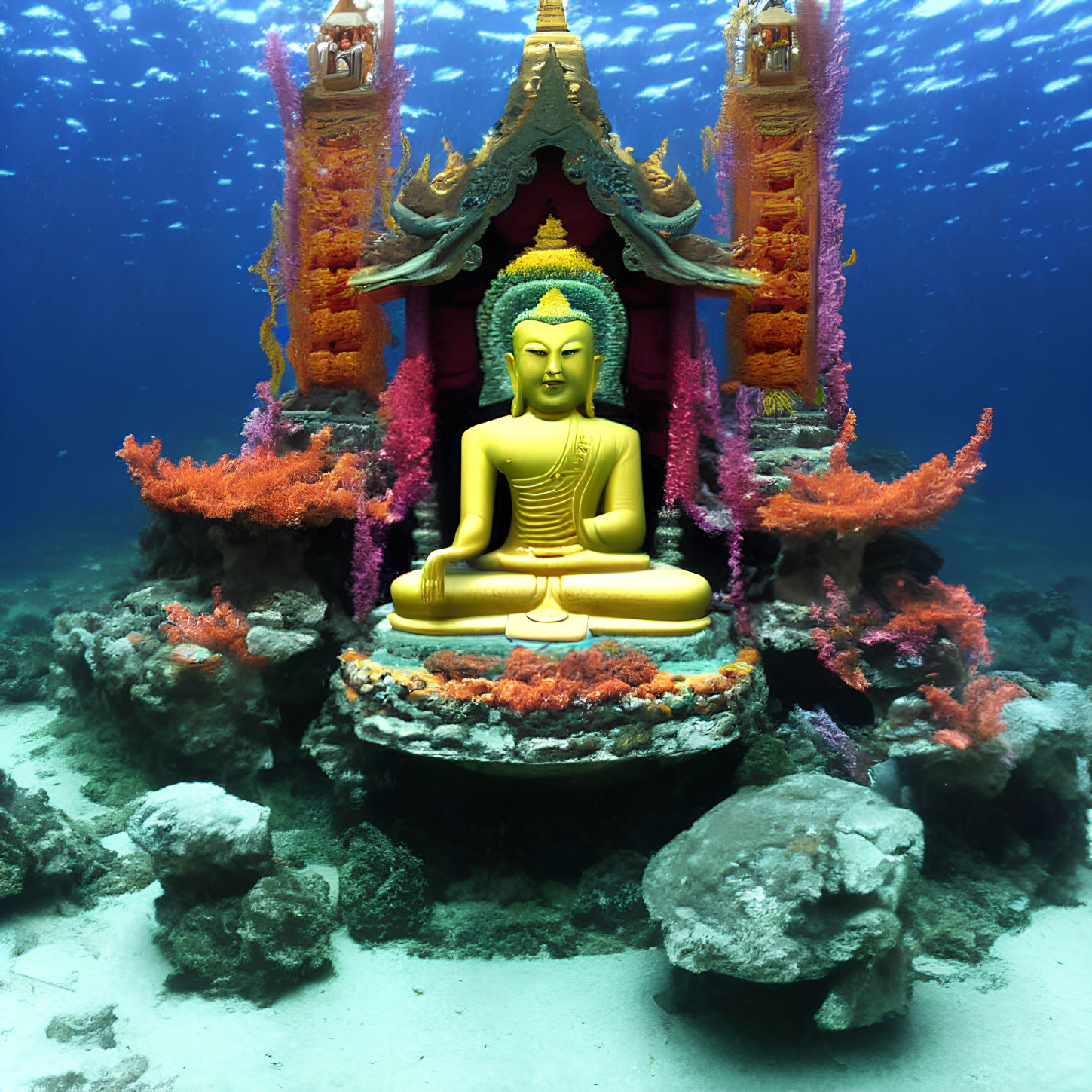 Golden Buddha statue meditating in underwater temple with colorful coral