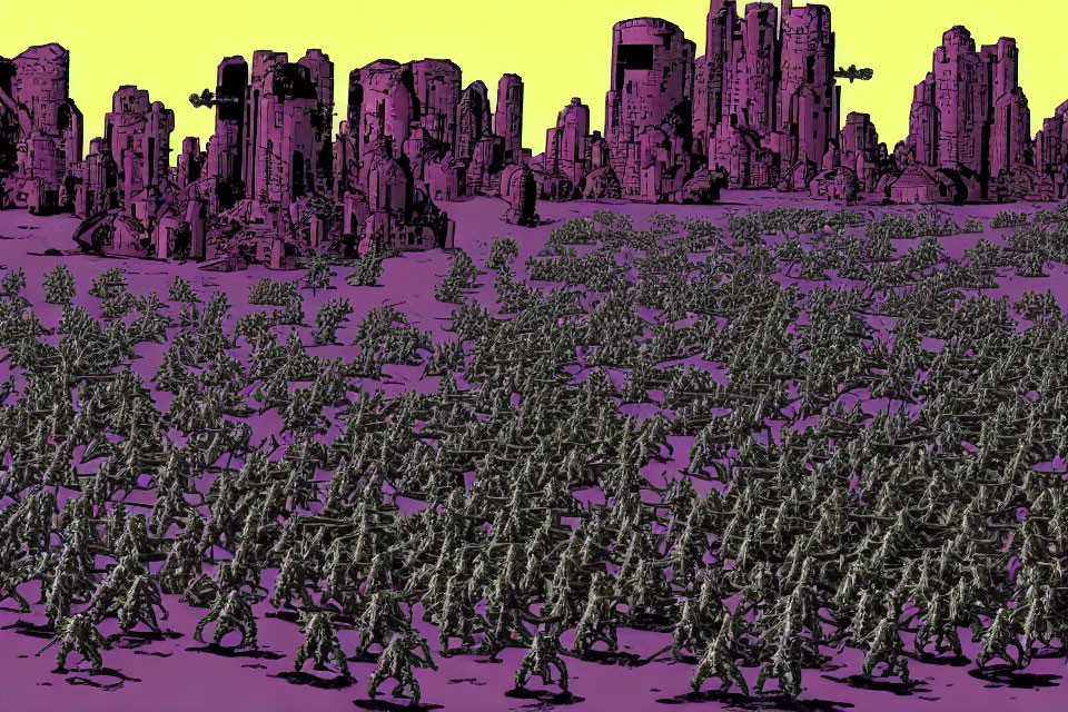 Illustration: Massive army of humanoid figures marching towards dystopian cityscape under purple sky