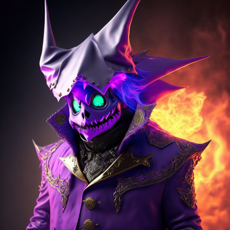 Purple Jack-o'-lantern Character in Jester Hat on Fiery Background