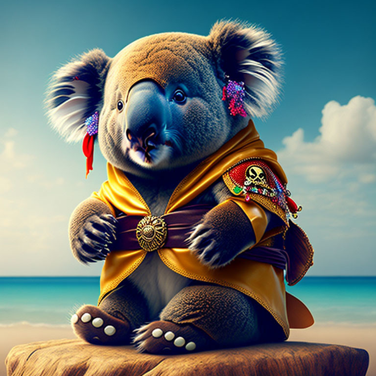 Regal koala in colorful costume against blue sky