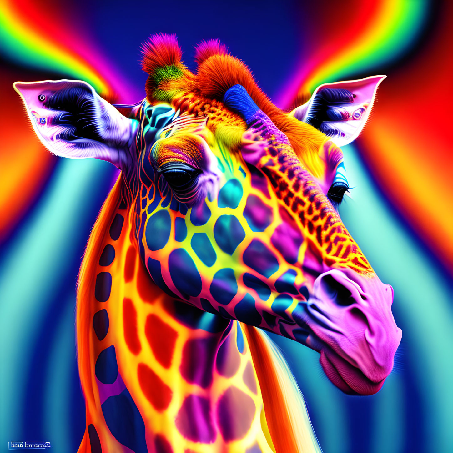 Vibrant giraffe digital art with neon rainbow background