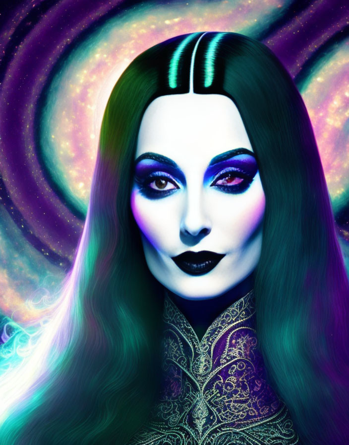 Stylized portrait of woman with pale skin and dark lips against cosmic background