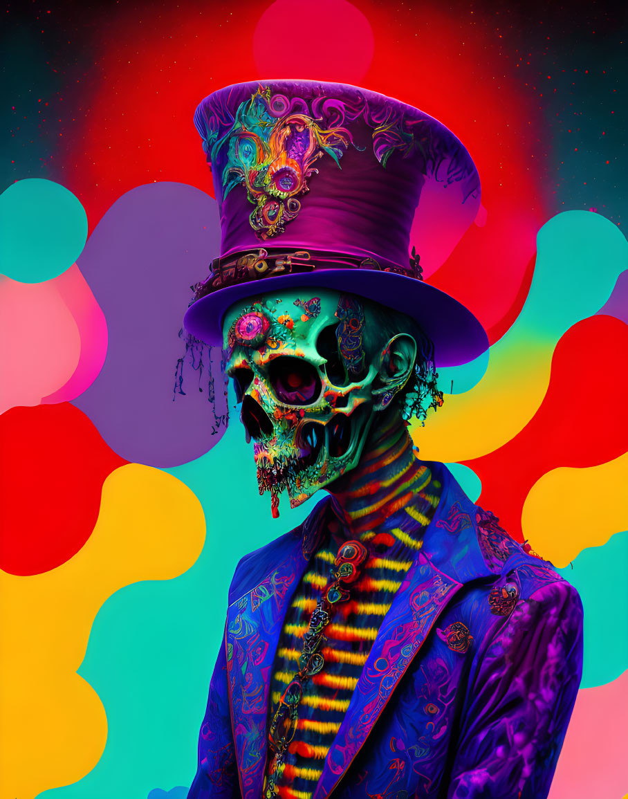 Colorful Skull Artwork with Floral Patterns and Top Hat on Psychedelic Background