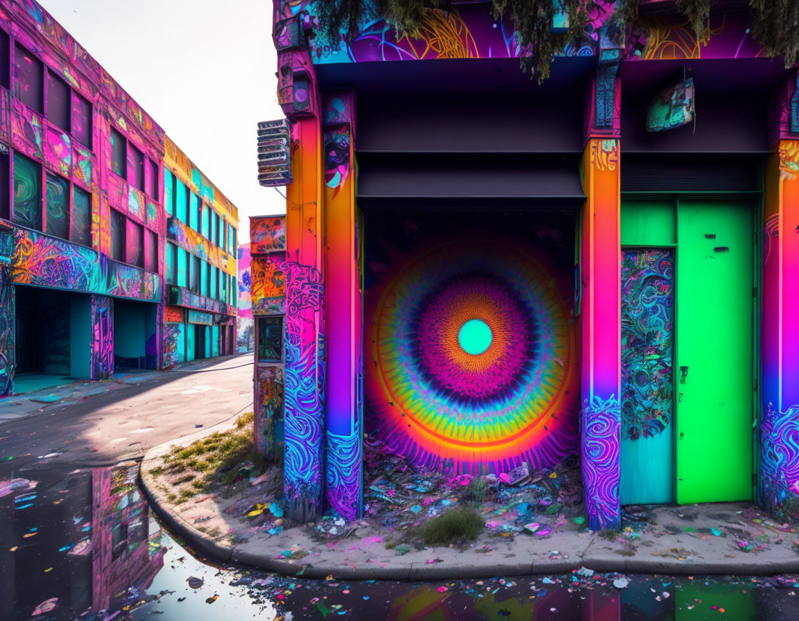 Vibrant street art on building with graffiti-covered walls