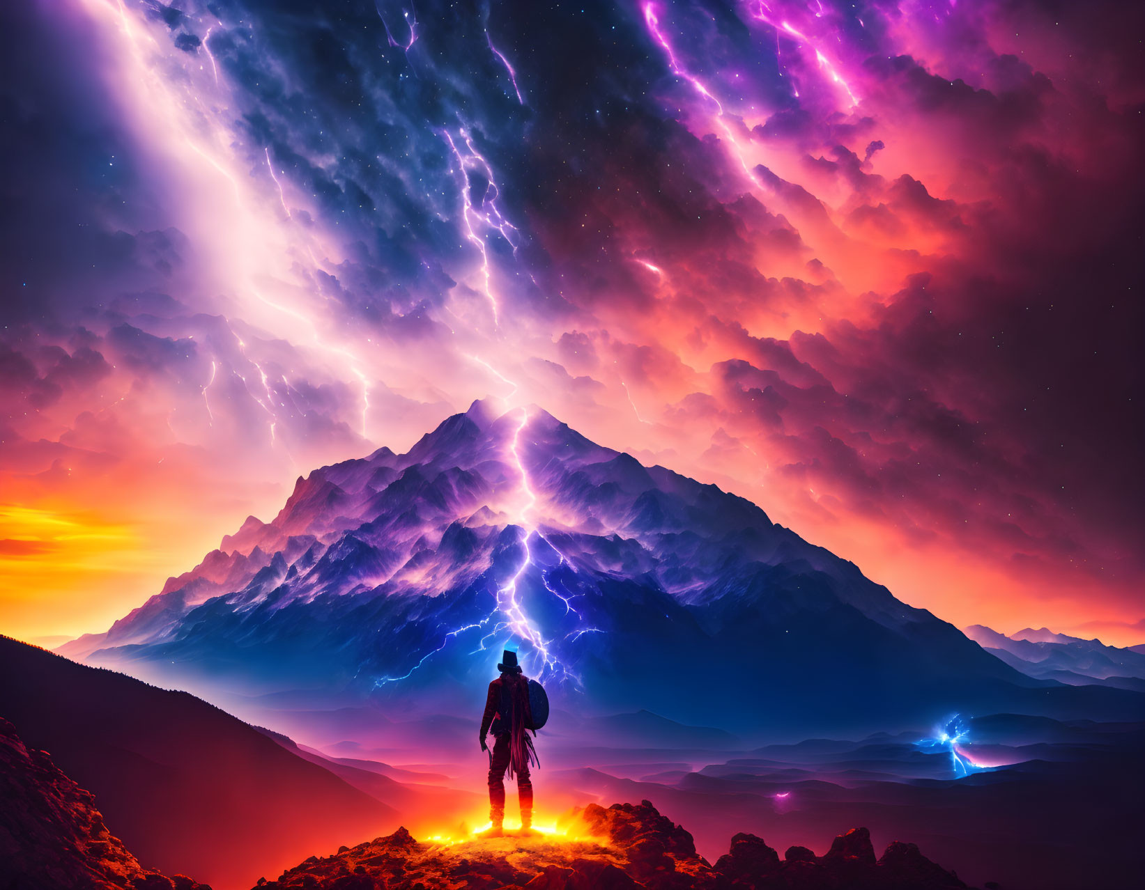 Person admires vibrant cosmic sky with galaxies, lightning, and mountain at night