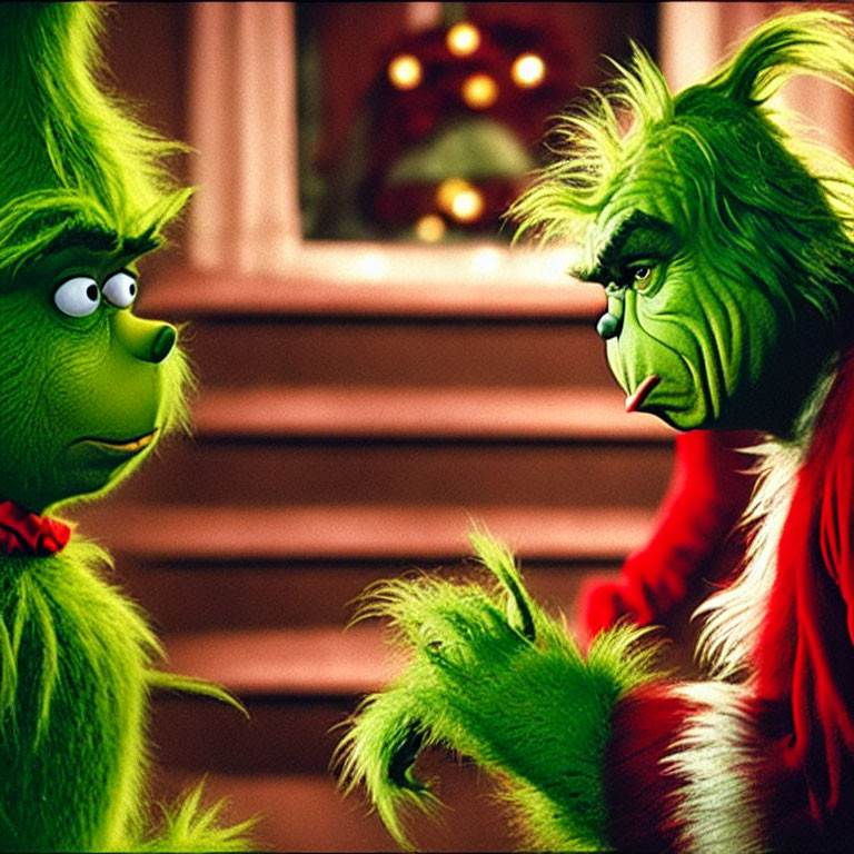 Furry green characters in conversation: one grumpy, the other curious.