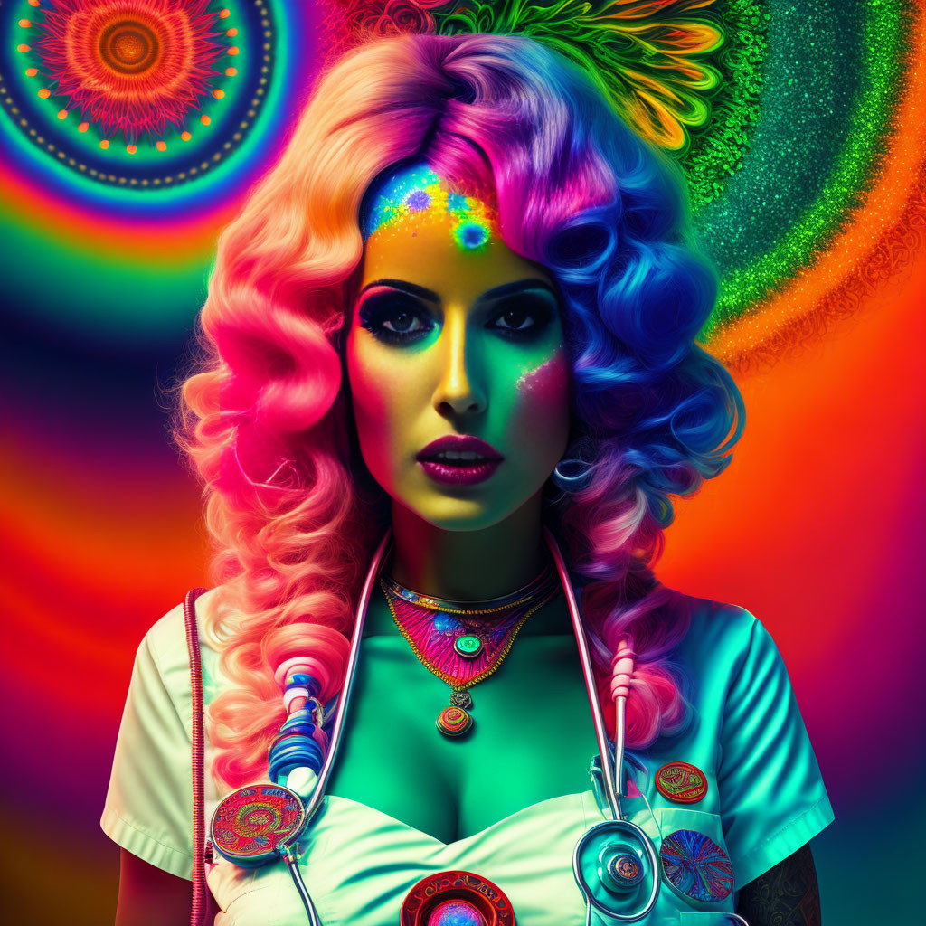 Colorful portrait of woman with pink and blue hair, stethoscope, vibrant makeup, set against