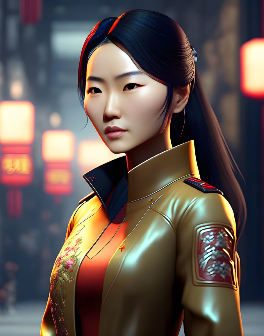 Digital art portrait of Asian woman in headband and uniform against glowing red signs