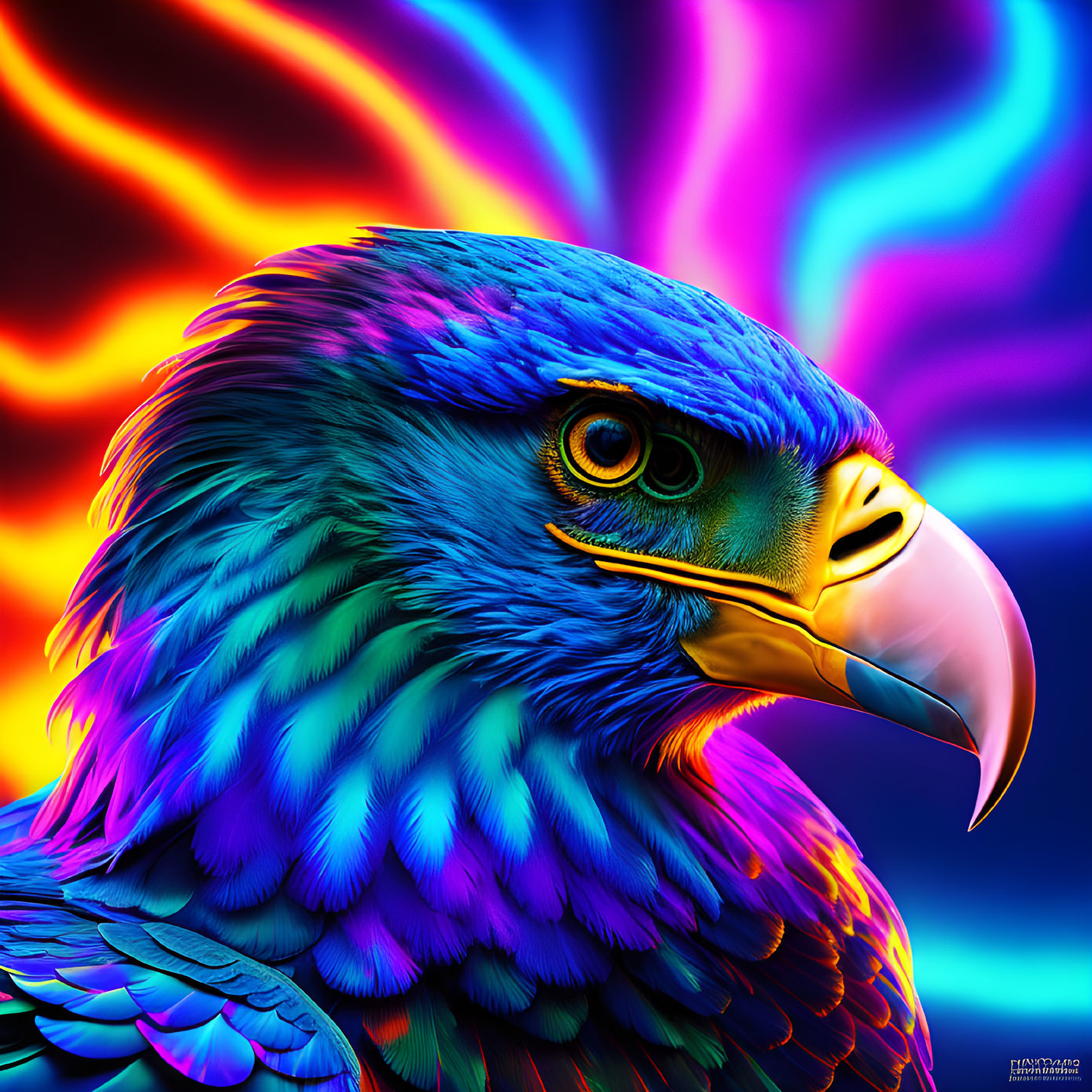 Colorful Eagle Head Digital Art on Psychedelic Rainbow Background