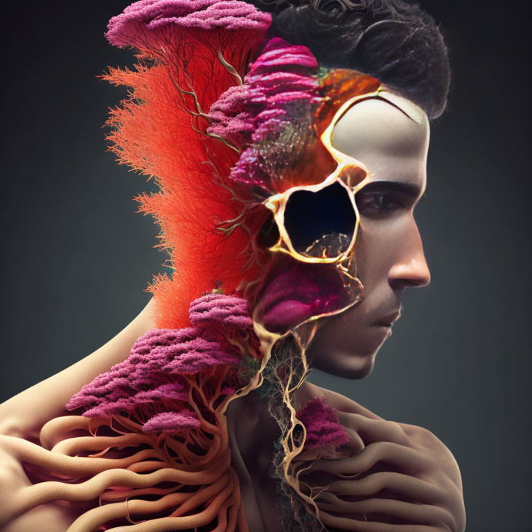 Vibrant Anatomical Artistic Representation of Brain, Muscles, and Arteries