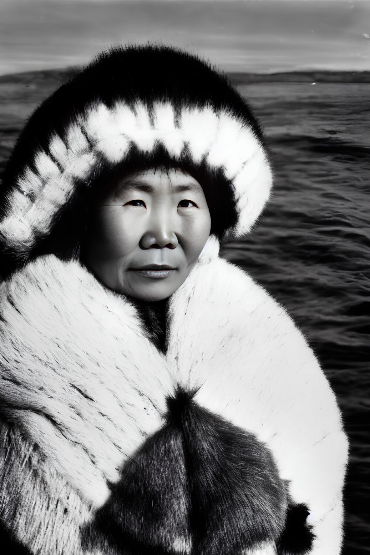 Monochrome portrait of person in fur-trimmed hood and coat by water.