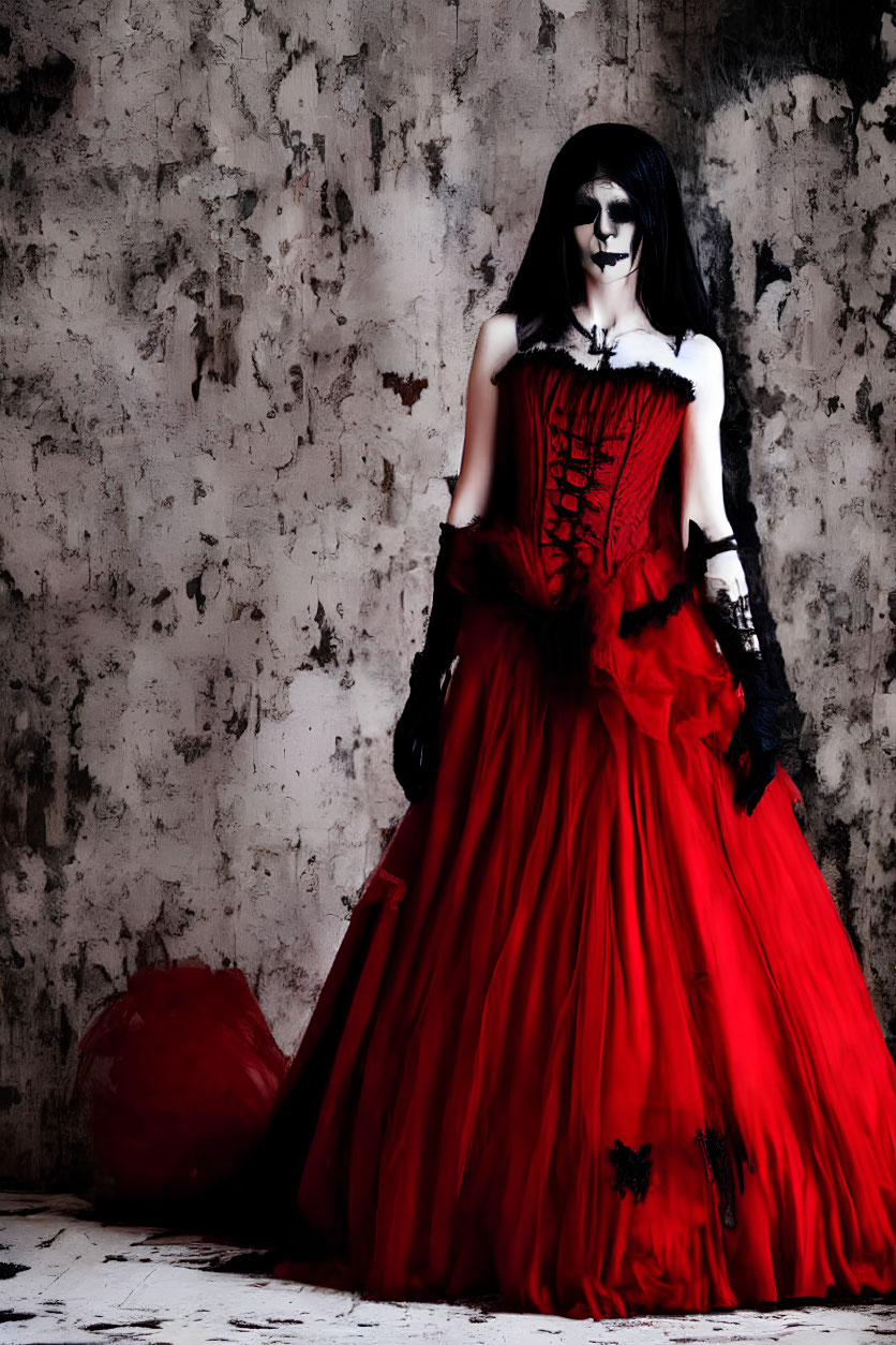 Gothic-inspired red and black dress with dramatic makeup against textured wall