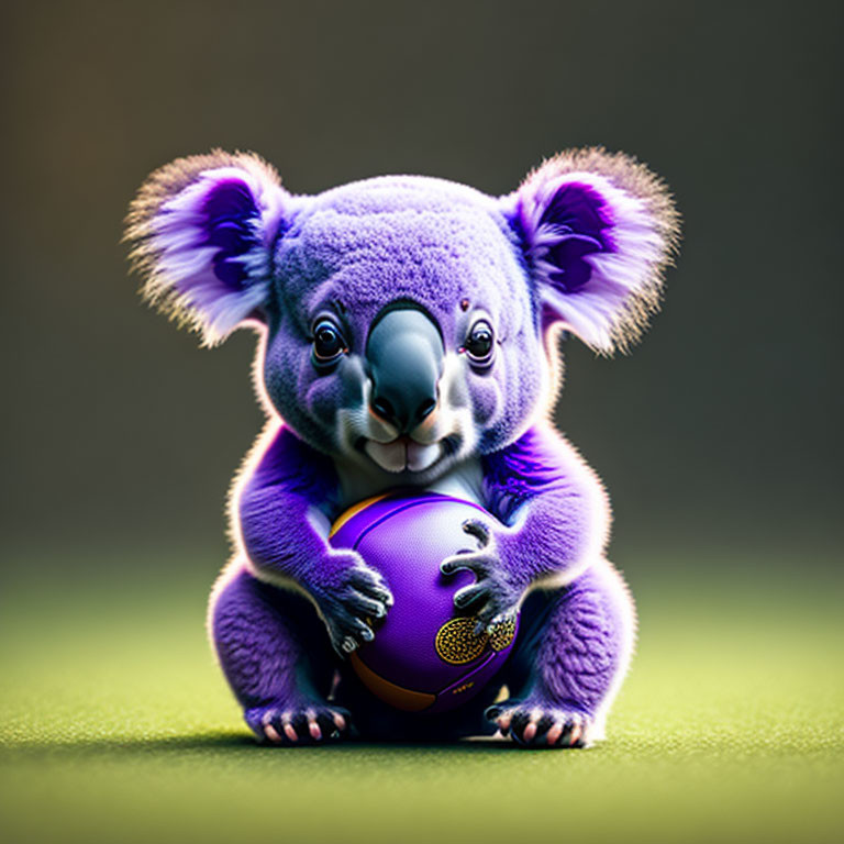 Stylized illustration of cute koala with vibrant purple fur and ball on green surface