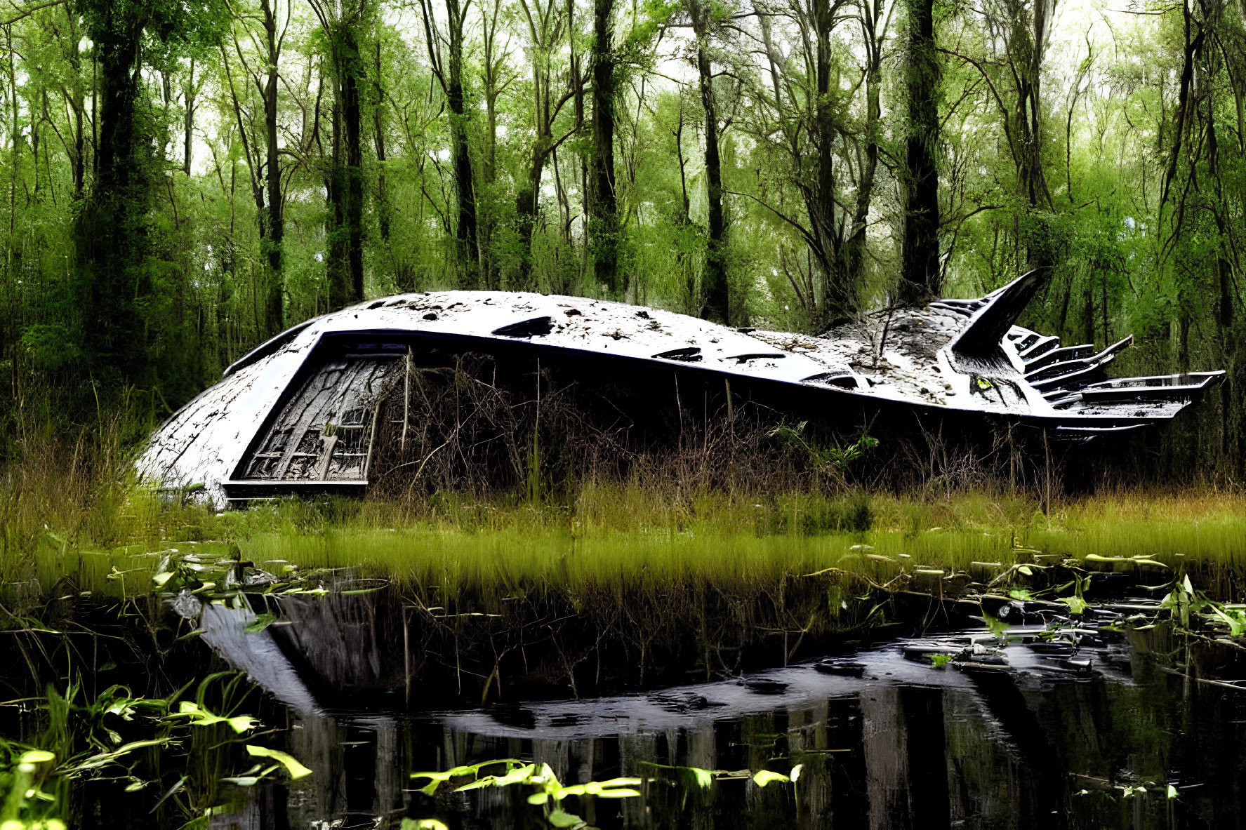 Abandoned boat with graffiti in swampy woodland surrounded by green vegetation