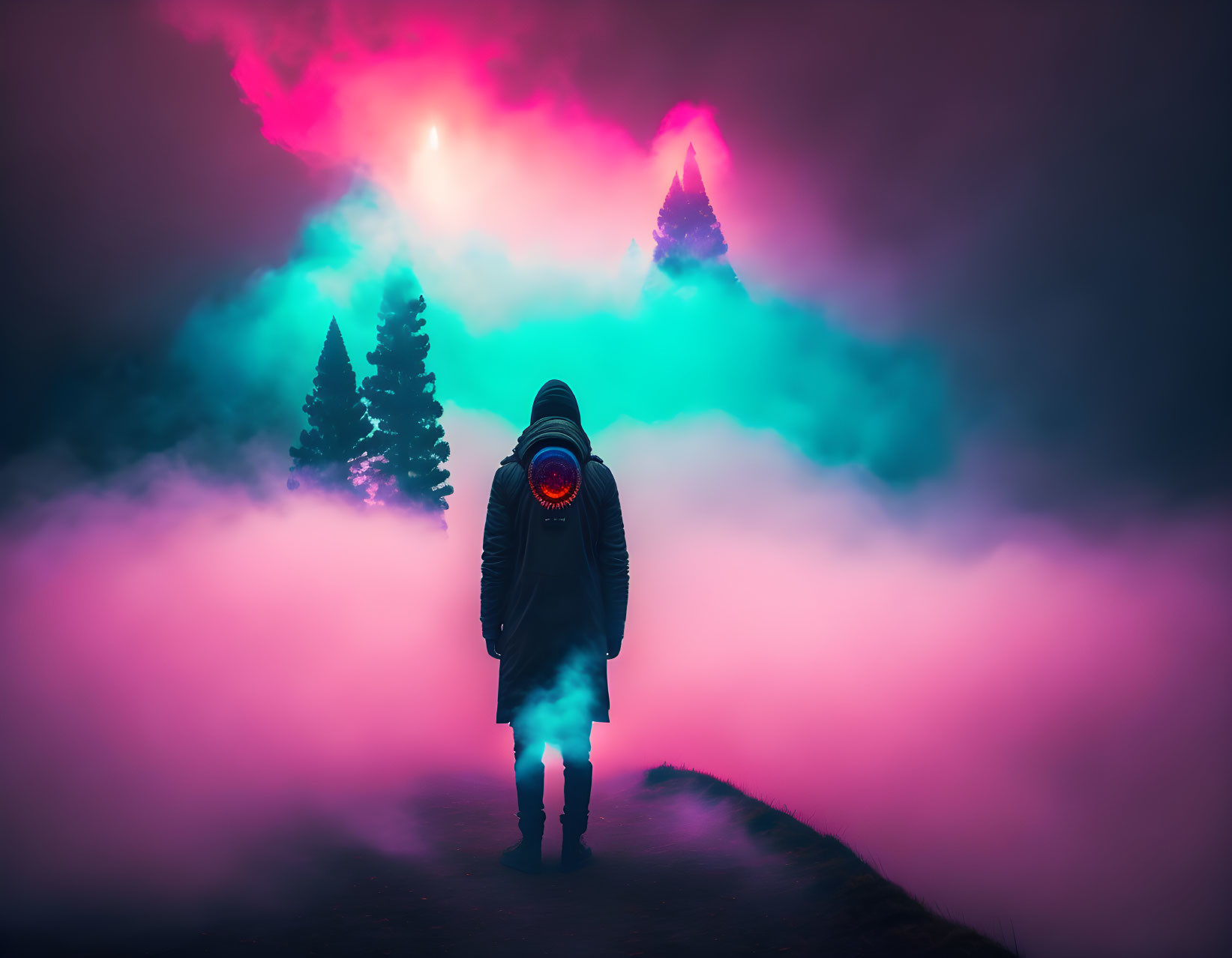 Surreal colorful mountain landscape with glowing trees and mist