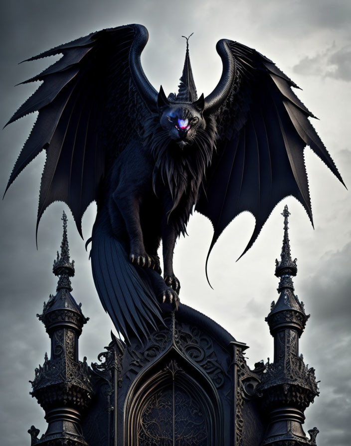 Black dragon with large wings on Gothic spire in moody sky