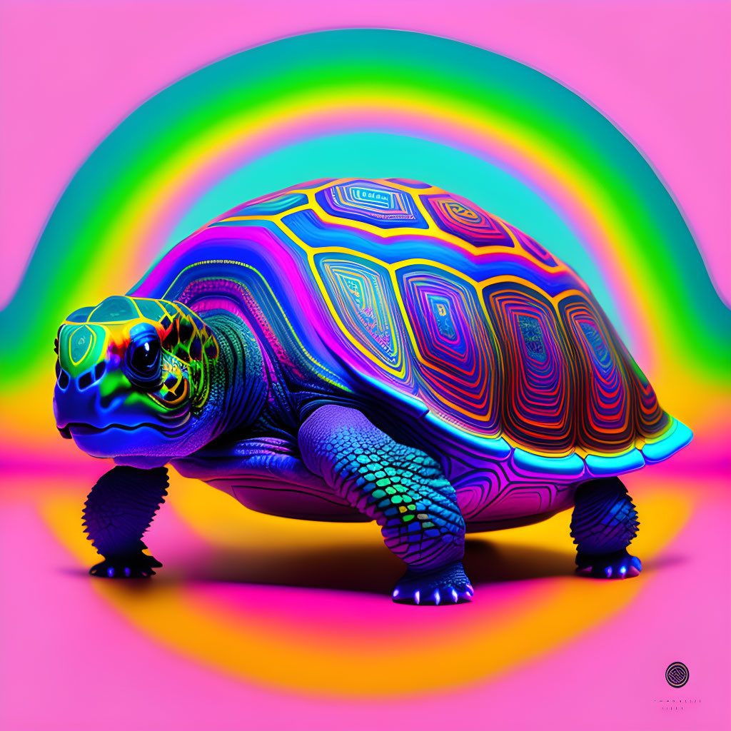 Colorful Tortoise with Psychedelic Shell on Pink Background