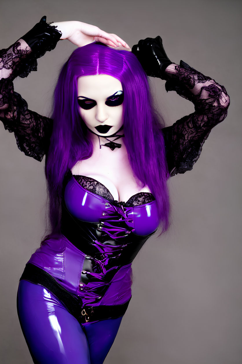 Gothic makeup and purple corset on a person with bright purple hair