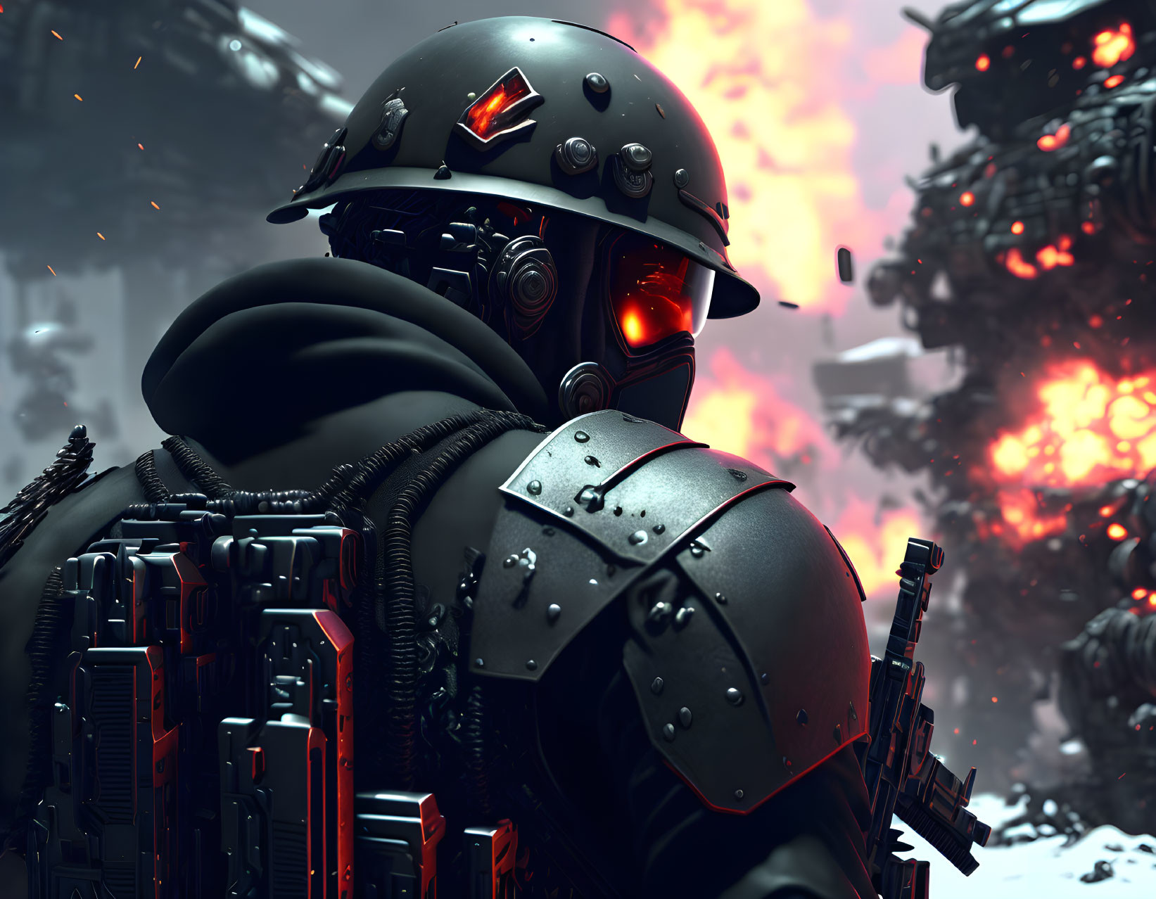 Armored futuristic soldier with red glowing eye in battle scene