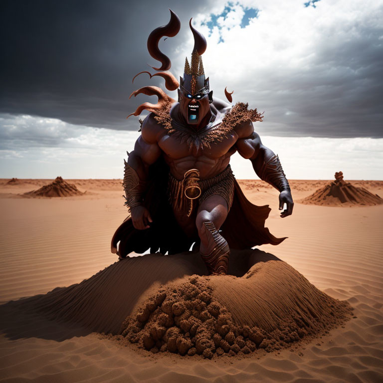 Muscular animated character with horns and warrior helmet in sandy desert under cloudy sky