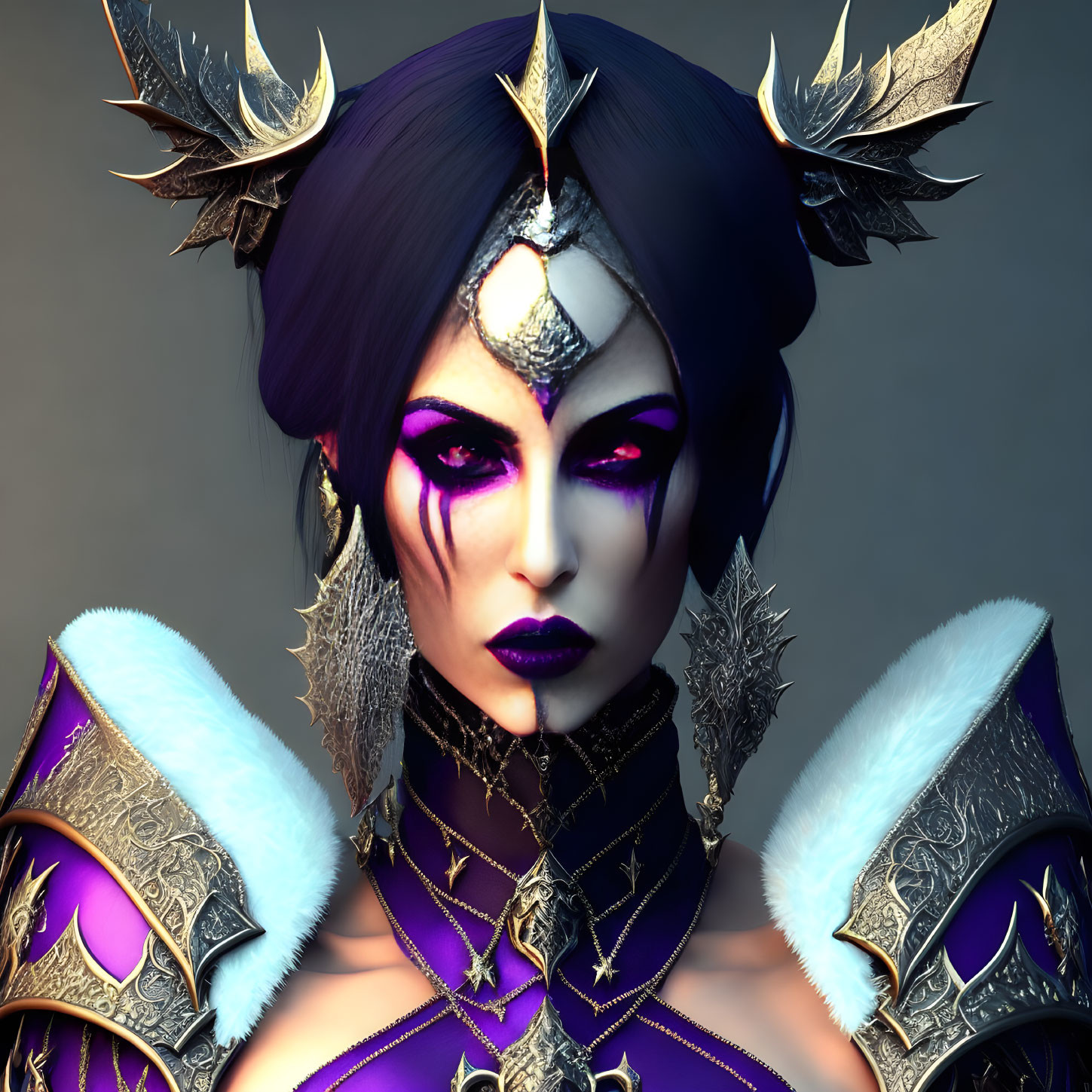 Detailed 3D Illustration of Female Character with Purple Skin, Violet Eyes, Horned Headpiece