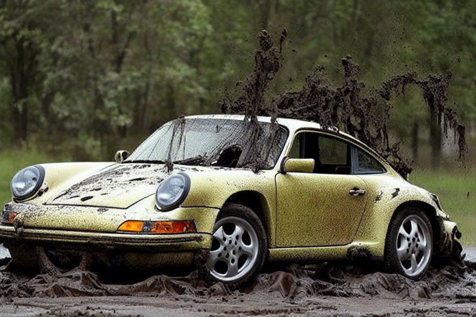 Yellow Porsche 911 Off-Road Driving in Muddy Terrain