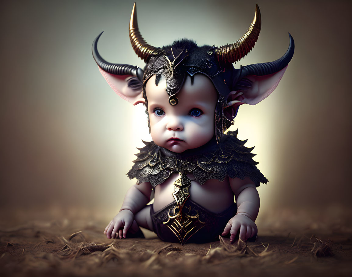 Baby in fantasy armor with horns and headpiece on soft brown backdrop