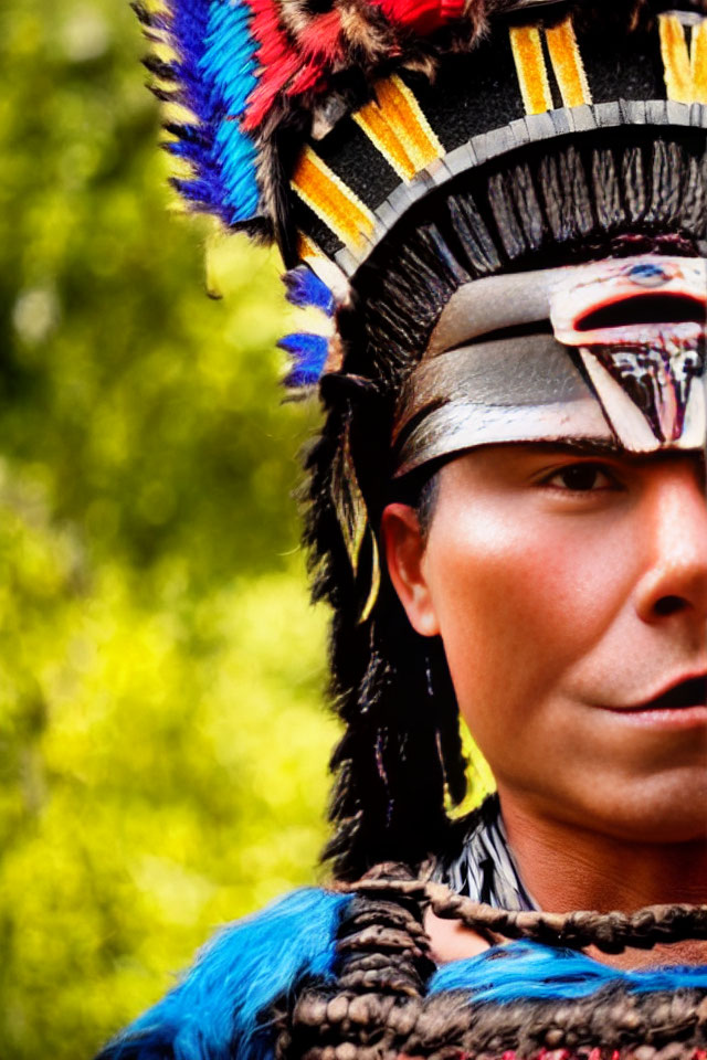 Colorful Feathered Headdress and Traditional Outfit Against Blurred Green Background