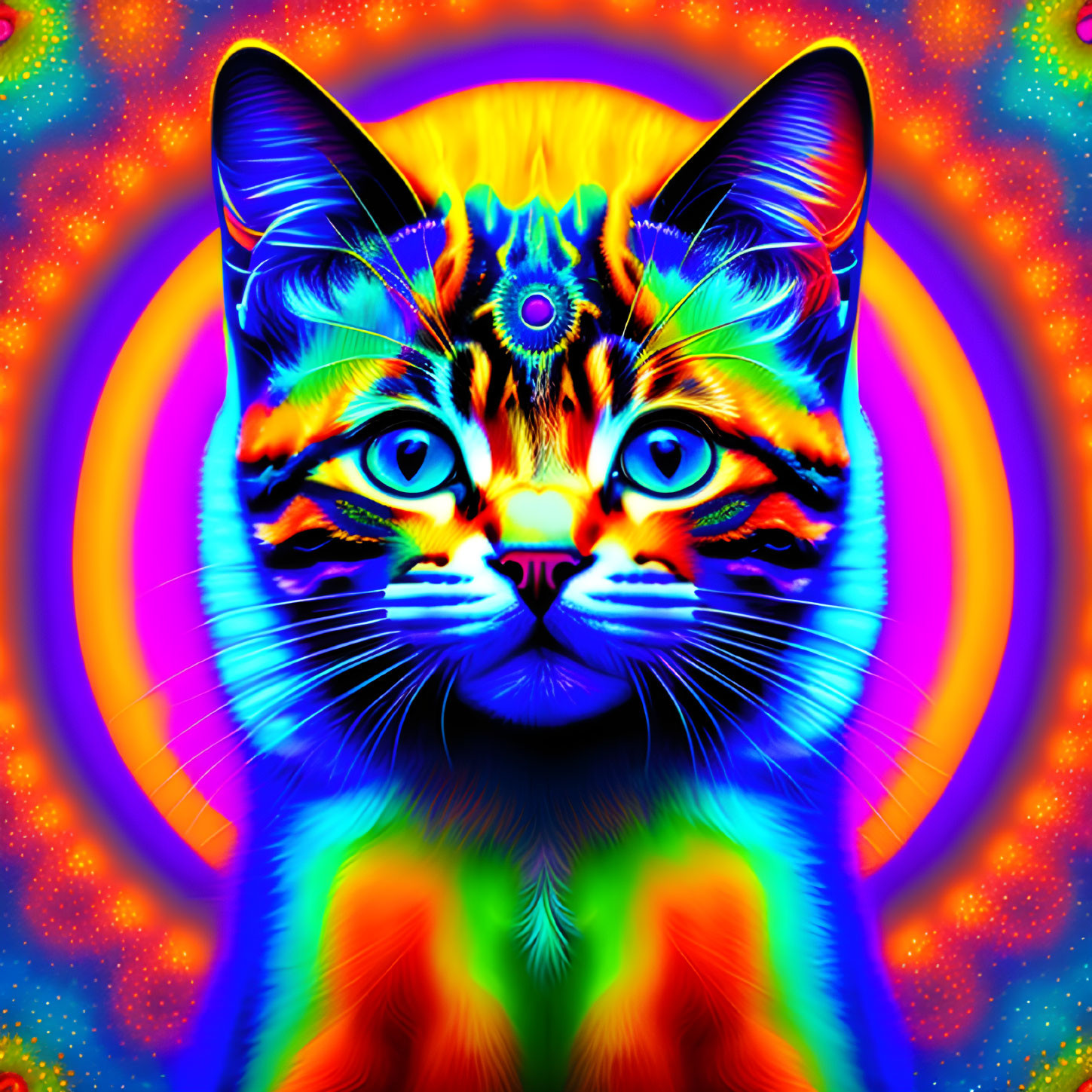 Colorful Psychedelic Cat Art with Symmetrical Patterns and Glowing Background