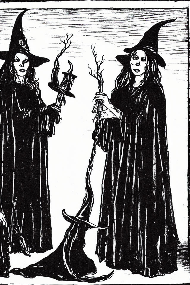 Two witches in robes and pointed hats holding staffs with eerie expressions.