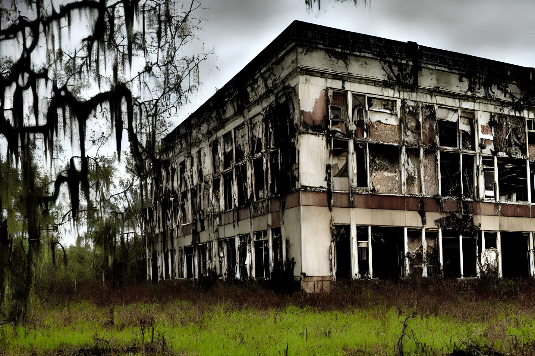 Desolate landscape with abandoned dilapidated building and overgrowth