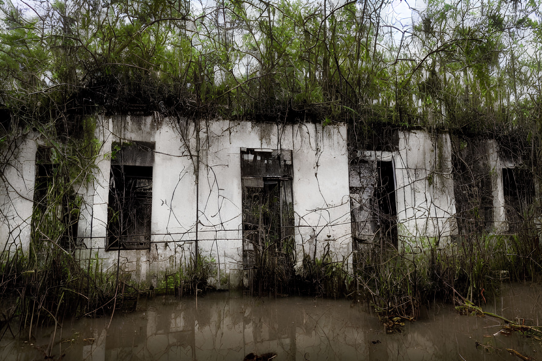 Desolate abandoned building with bare trees and water - a scene of neglect and decay