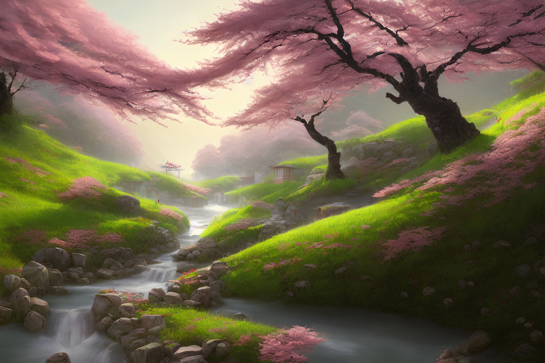 Tranquil Cherry Blossom Landscape with Stream and House