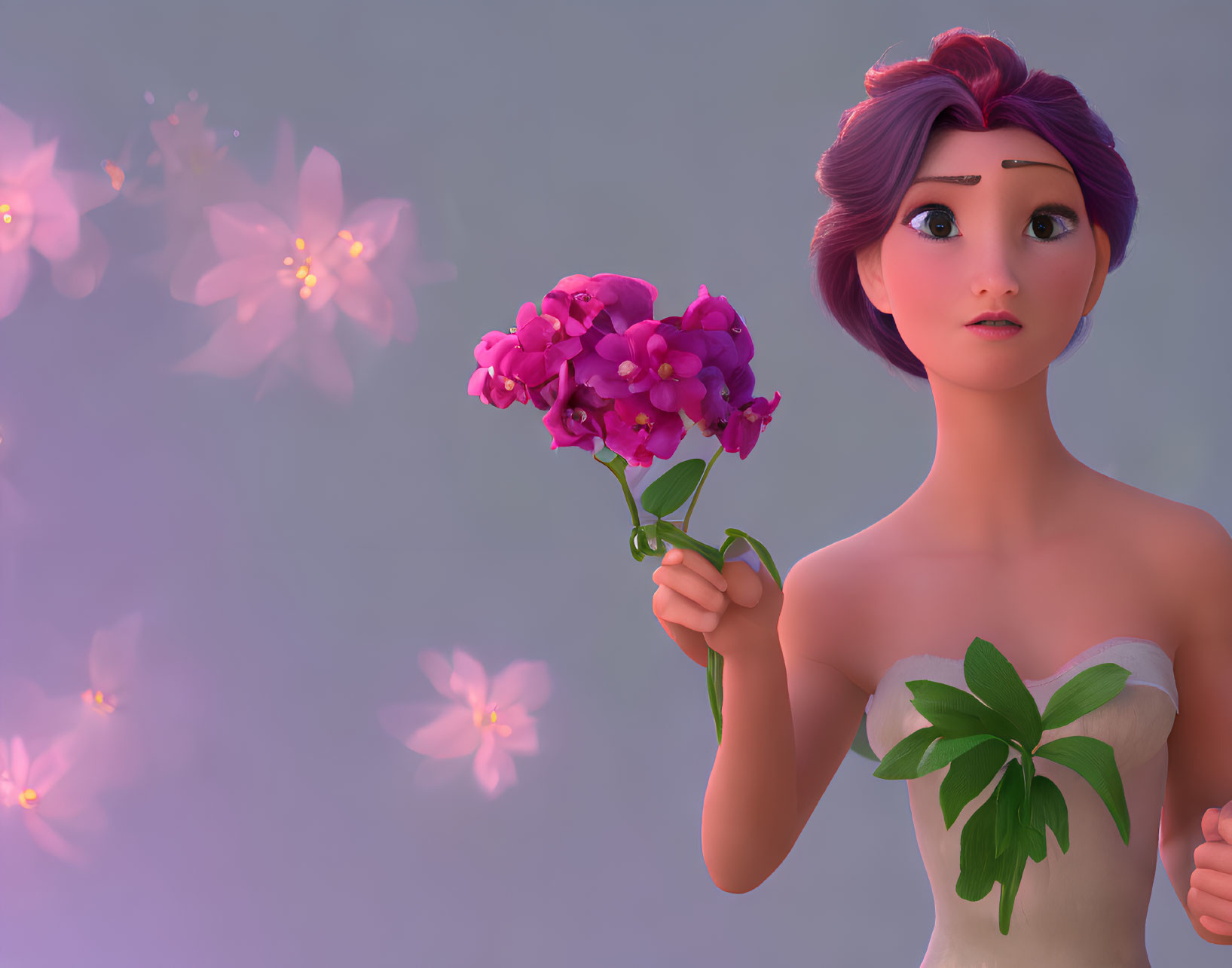 3D animated young woman with purple hair holding pink flowers in soft purple background