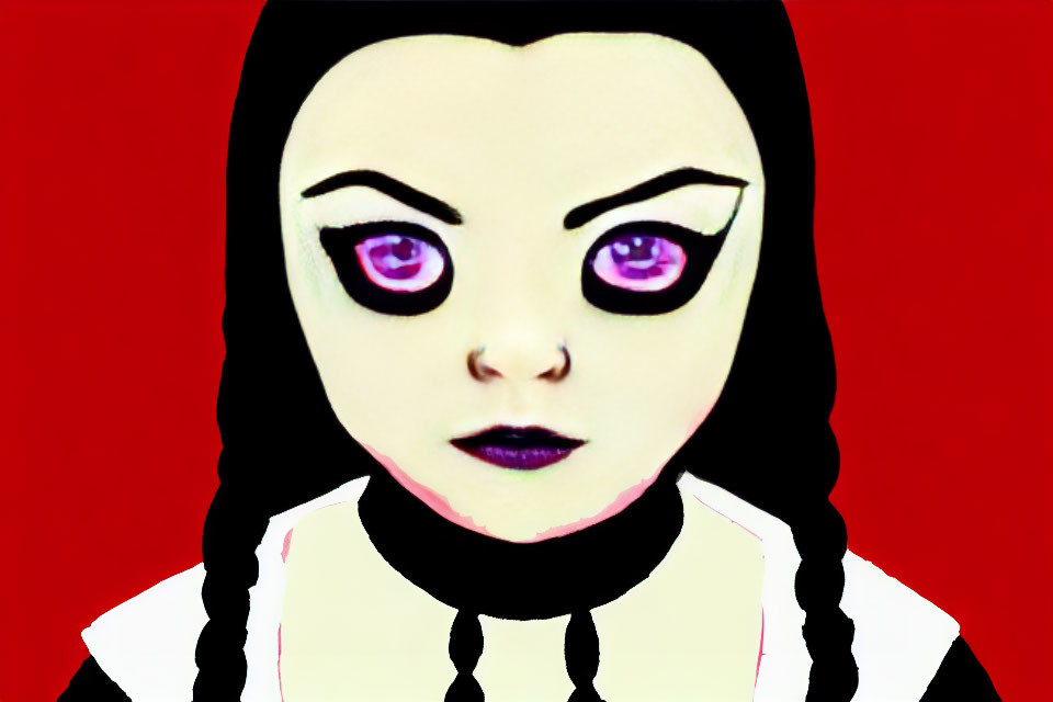 Stylized illustration of serious-faced girl with dark hair and Gothic makeup