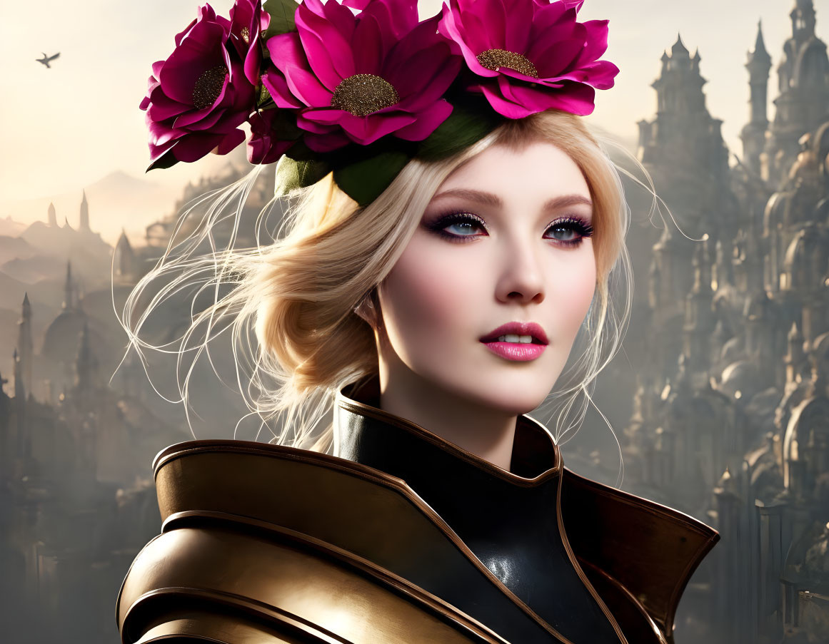 Fantasy digital artwork: Woman with flowered hair in armor, castle backdrop, flying bird